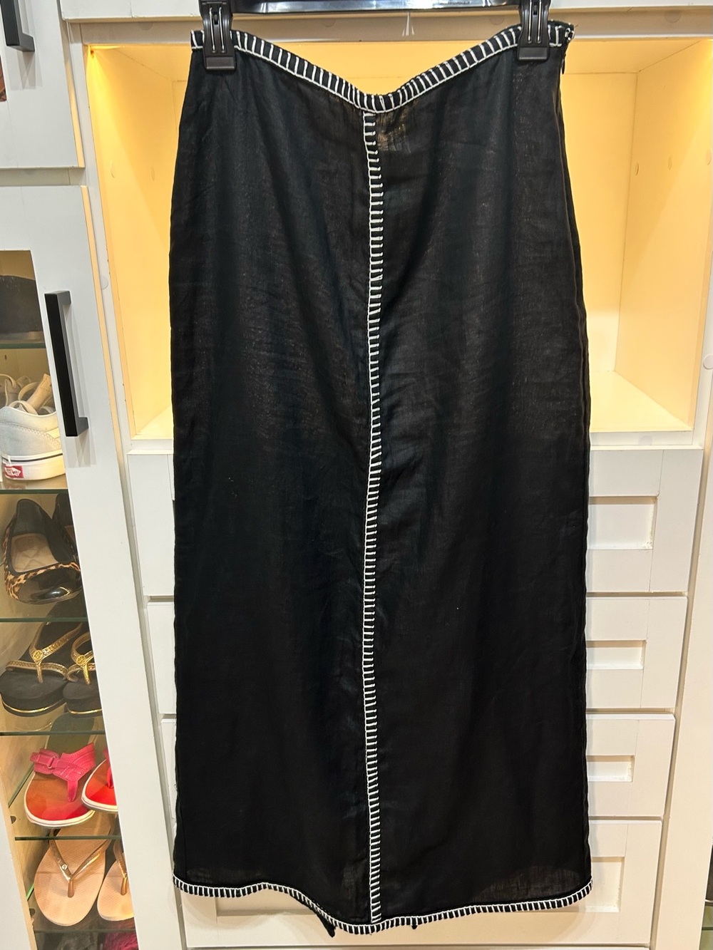 Magaschoni Black 100% Linen Whipstitch Bohemian Maxi Skirt
